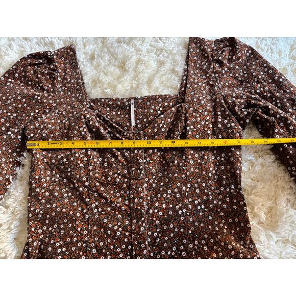 Free People Call Me Cord Mini Dress Floral Puff Sleeve Corduroy Bohemian Boho - Picture 3 of 8
